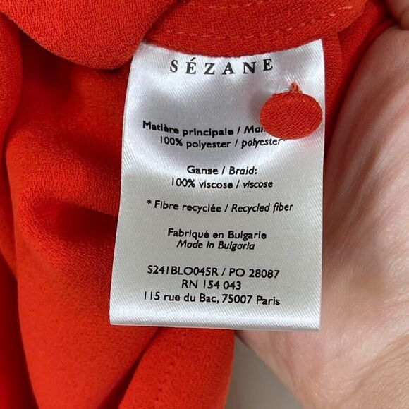 Sezane Size 40 Medium Eloine Blouse Top Red Short Sleeve Tie Button Up V Neck - Picture 10 of 11